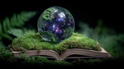 A glass sphere resting on an open book surrounded by lush green moss and foliage