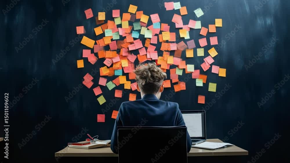 Poster businessman sitting at desk and working with laptop, having many colorful sticky notes attached to a