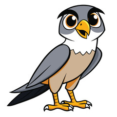 Cartoon falcon illustration shows a bird standing attentively, featuring gray feathers and big orange eyes