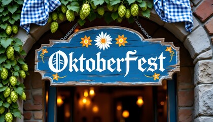 A weathered, wooden sign, hand painted in deep blue with stylized edelweiss flowers framing the bold, white word "Oktoberfest