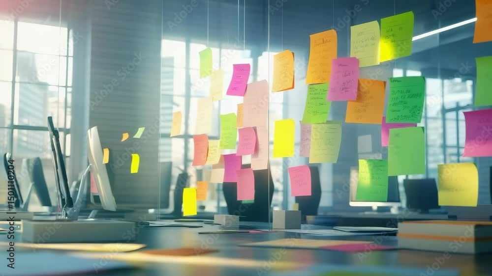 Poster Multicolored sticky notes adhering to glass partition, showcasing collaborative workspace with computer workstations, symbolizing team brainstorming and creative problem solving strategies