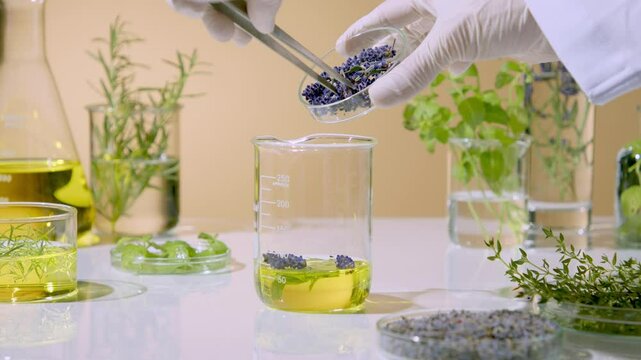 A researcher holds a plate of lavender flowers in one hand, while using tweezers to pick them up and drop them into another jar. Researching herbs and plants in the lab