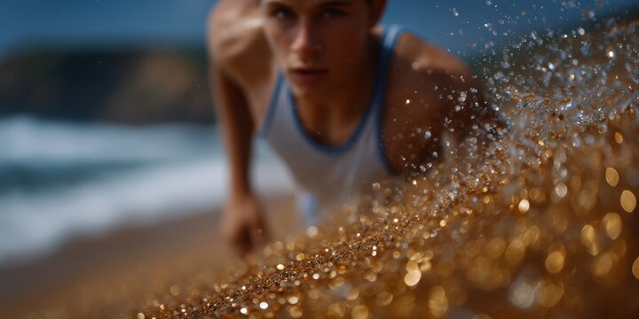 A young man on a beach closely observes wet sand as sunlight reflects off water droplets, creating a sparkling effect.