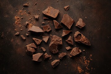 Broken dark chocolate pieces scattered on a dark surface