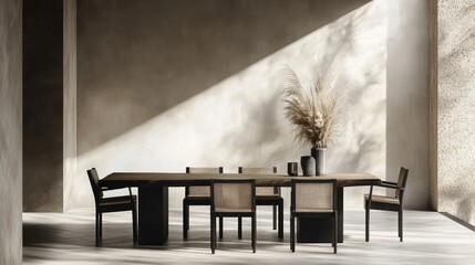 Sunlit minimalist dining room with long wooden table, cane chairs, and pampas grass