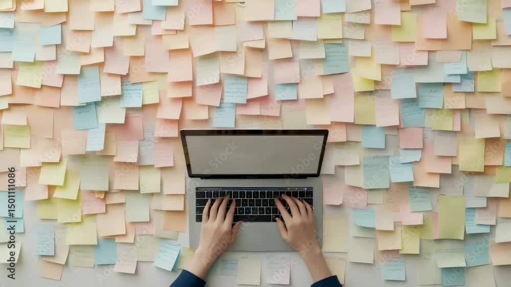 Poster Hands typing on laptop keyboard with blank screen in front of a wall covered with colorful sticky notes, work from home office, project management and brainstorming concept