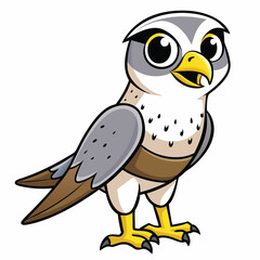 Friendly cartoon falcon stands, displaying large yellow eyes and distinctive coloring against white