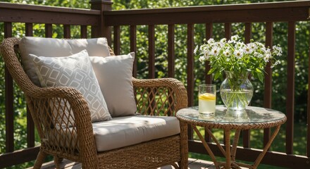 Obraz premium Cozy outdoor seating area with decorative cushions and refreshments 