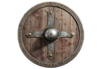 Round wooden battle shield isolated on transparent PNG background