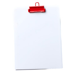 A4 white paper clipped with a red magnetic clip isolate on white background