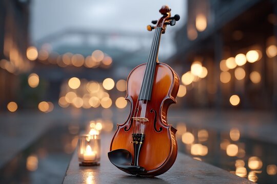 Violins luminous serenade amidst cityscapes soft glow
