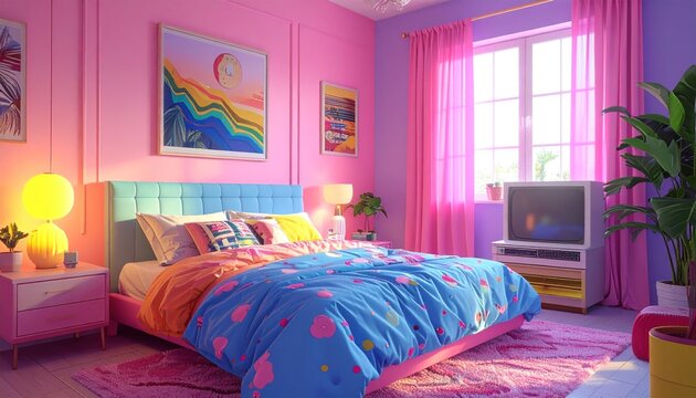 Bright bedroom pink walls, colorful bedspread, window, plants, rug, side table
