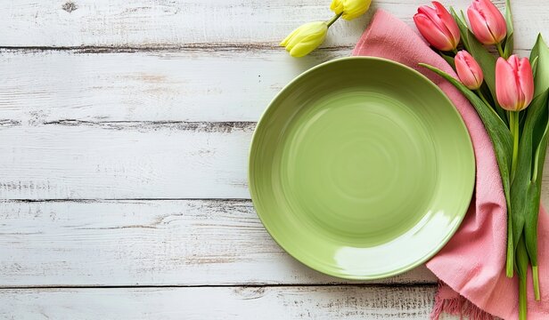 Spring table setting with empty plate and tulips