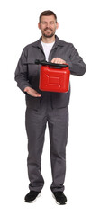 Man holding plastic canister on white background