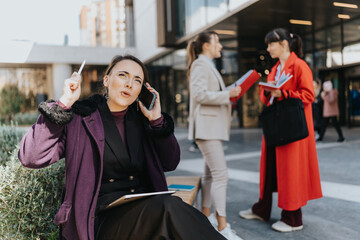 Business professionals having discussions outside, capturing a moment of active interaction and...