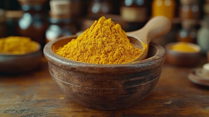 Turmeric powder in a wooden bowl with a spoon, sitting atop a rustic wooden surface with bottles