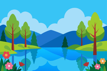 Obraz premium realistic spring lake surrounded by flowering bush 