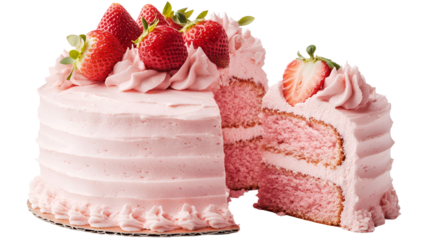 White chocolate strawberry yogurt cake decorated with fresh fruits and chocolate chunk on wood table. Delicious and sweet pink cake for Valentines or birthday party. Homemade bakery concept.