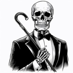 Skeletal Gentleman in Tuxedo with Cane suitable for professional presentation