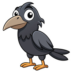 Cartoon crow with big eyes and orange feet poses cheerfully on white
