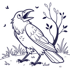 Line art raven stands singing among the tall grass near a tree with leaves