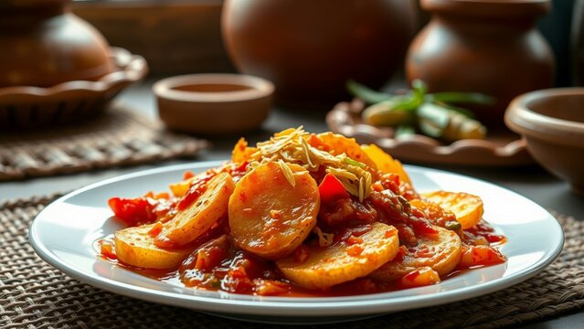 Traditional Indonesian Potato Dish Balado Style Served in Authentic Minang Kitchen