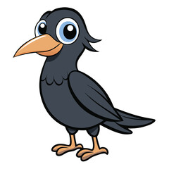 Cartoon raven with large blue eyes stands alert on a solid white background
