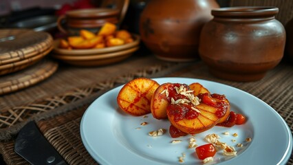 Savory Spicy Balado Potatoes in Traditional Minangkabau Setting, Close-Up of Rich Flavors