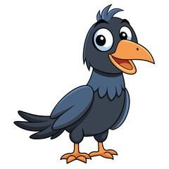 Happy cartoon crow standing with big eyes and orange beak faces forward
