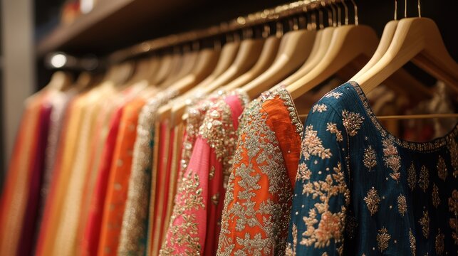 Vibrant indian fashion ensembles gracefully aligned on wooden hangers in closet