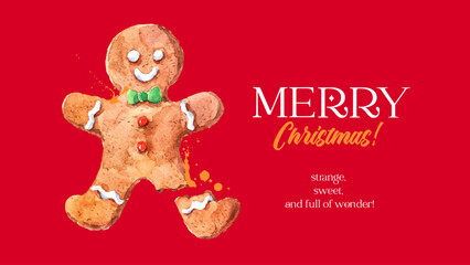 Fototapeta premium Watercolor gingerbread man, Christmas poster. Holiday hand drawn vector illustration