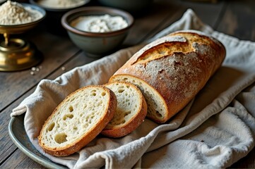 Rustic sourdough bread on linen cloth with flour and grains in background