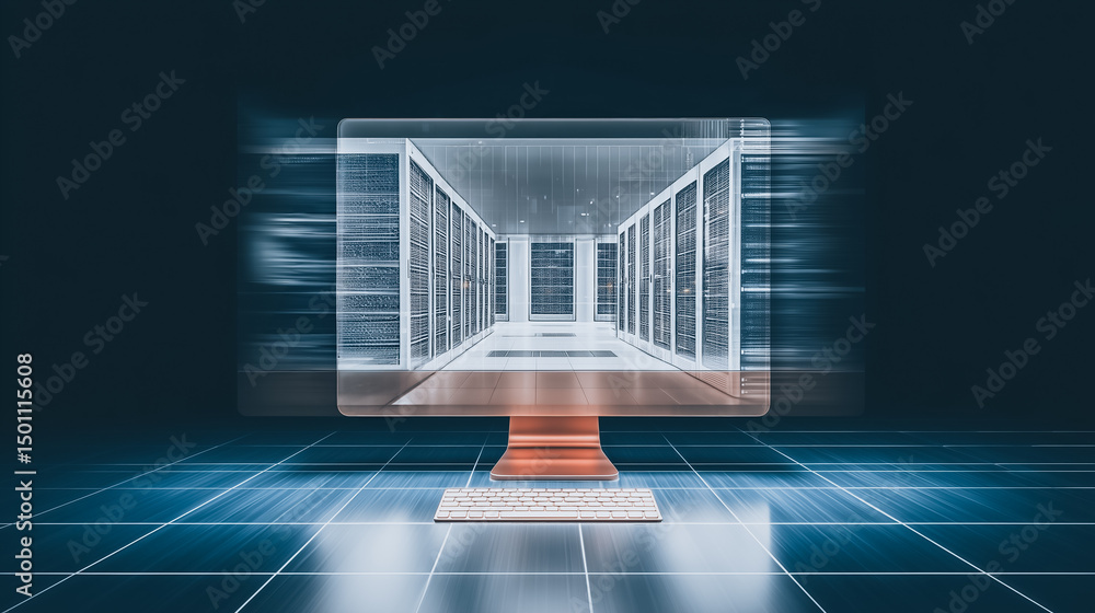 Poster digital gateway to data center: a sleek desktop computer displays a high-tech data center interior, 