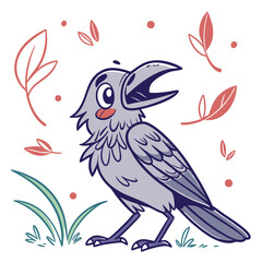 Cute cartoon gray crow stands in the grass with leaves surrounding it and open beak