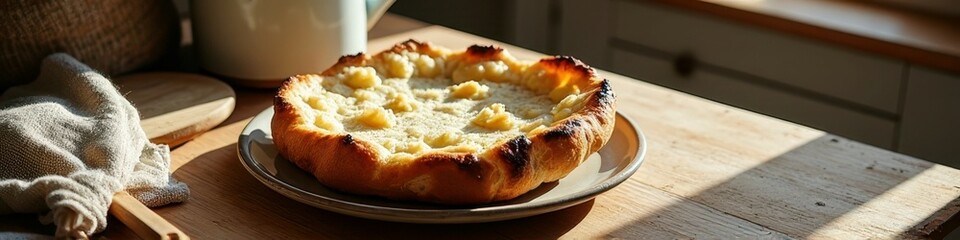 Golden baked pastry on rustic wooden table in sunlit kitchen