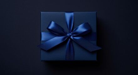Photo of a Luxurious Navy Blue Gift Box with Ribbon and Bow against Dark Background