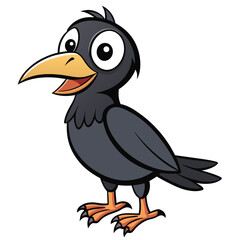 Cheerful cartoon crow stands smiling, displaying its bright orange beak and matching feet