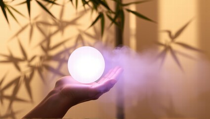 A hand holds a glowing orb with bamboo leaves casting shadows on a beige wall in the background. Generative, AI,