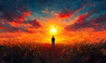 As the sun sets over a field, a man stands there, feeling free, hopeful, and happy, appreciating the beauty of life