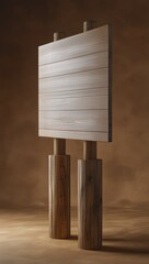 Modern wooden billboard with innovative support structures on a warm background