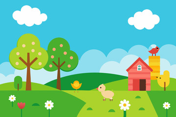 spring farm landscape with green fields  baby 