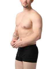 Young man in stylish black underwear on white background, closeup