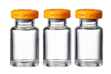 Three empty glass vials (1) isolated on transparent PNG background