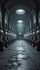 mysterious ancient corridor lined with statues and dramatic lighting creating an enigmatic atmosphere