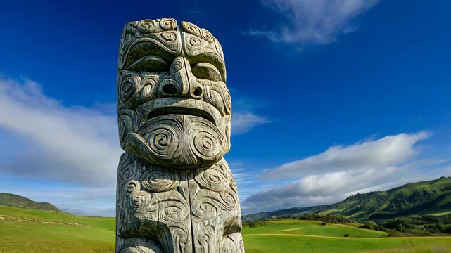 Intricately carved stone maori tiki statue near tranquil blue waters and lush mountains
