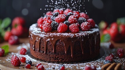 Chocolate cake topped with fresh berries and powdered sugar