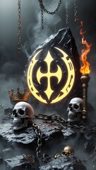 mysterious dark ritual space with glowing symbol skulls and flames for supernatural theme