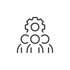 This icon represents teamwork and collaboration, with individuals working together and a gear symbolizing collective effort and management, emphasizing unity for success in projects