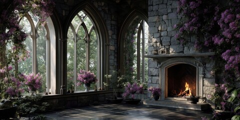 Gothic Stone Room with Fireplace and Blooming Flowers in Historic Baroque Style