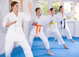 Young women athletes starting position and studying repeating sequence of punches and painful techniques in karate kata technique. Oriental martial arts, training and obtaining black belt © JackF